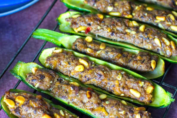 Lamb Stuffed Zucchini Boats With Romesco Sauce