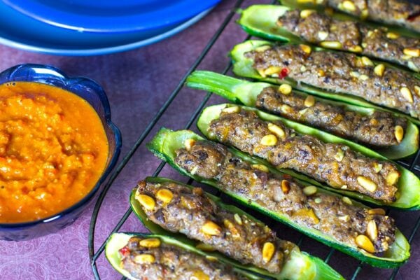 Stuffed Zucchini Boats With Lamb & Romesco Sauce