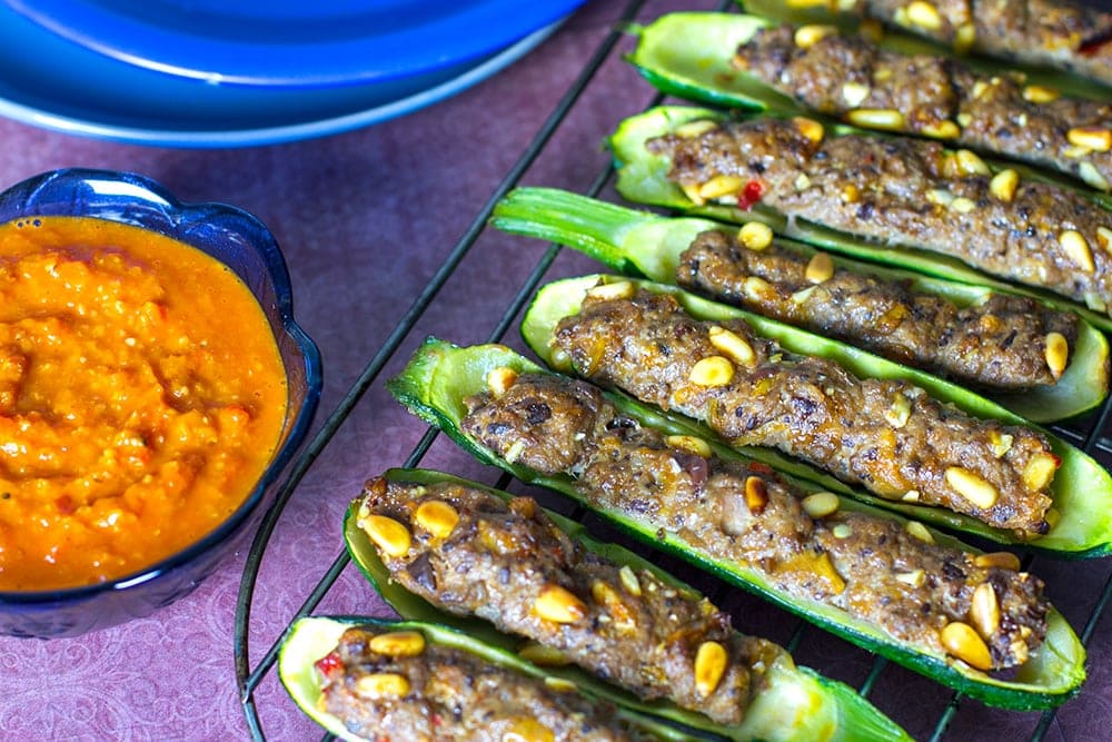 Stuffed Zucchini Boats With Lamb & Romesco Sauce