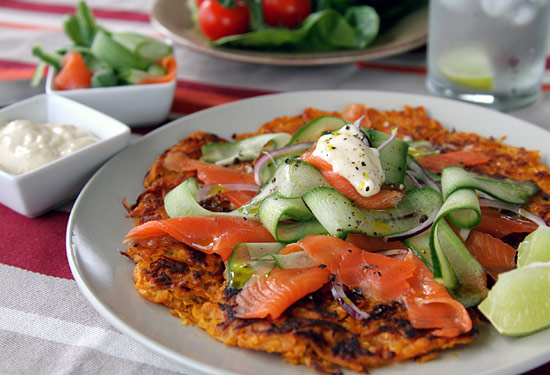 Sweet potato rosti with smoked salmon salad