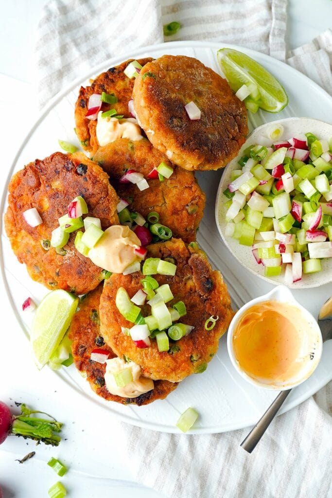 Salmon Fish Cakes With Sweet Potatoes & Peas