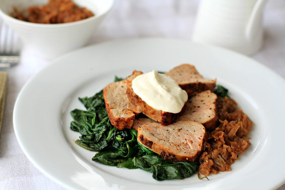 pork loin roast caramelised apple spinach, horseradish cream recipe