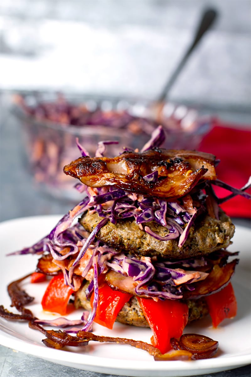Paleo Beef Burgers With Mustard & Bacon + Red Cabbage Slaw