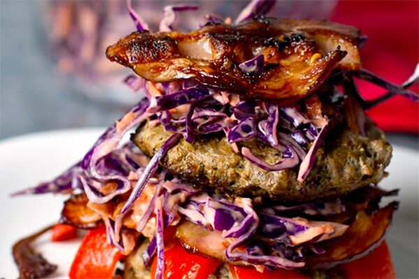 Mustard Beef & Bacon Burgers with Red Cabbage Slaw (Paleo, Whole30)