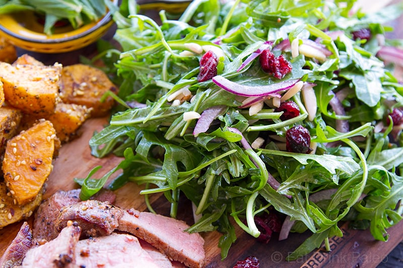 Dukka Crusted Pumpkin & Beef Salad with Rocket & Tahini Garlic Dressing