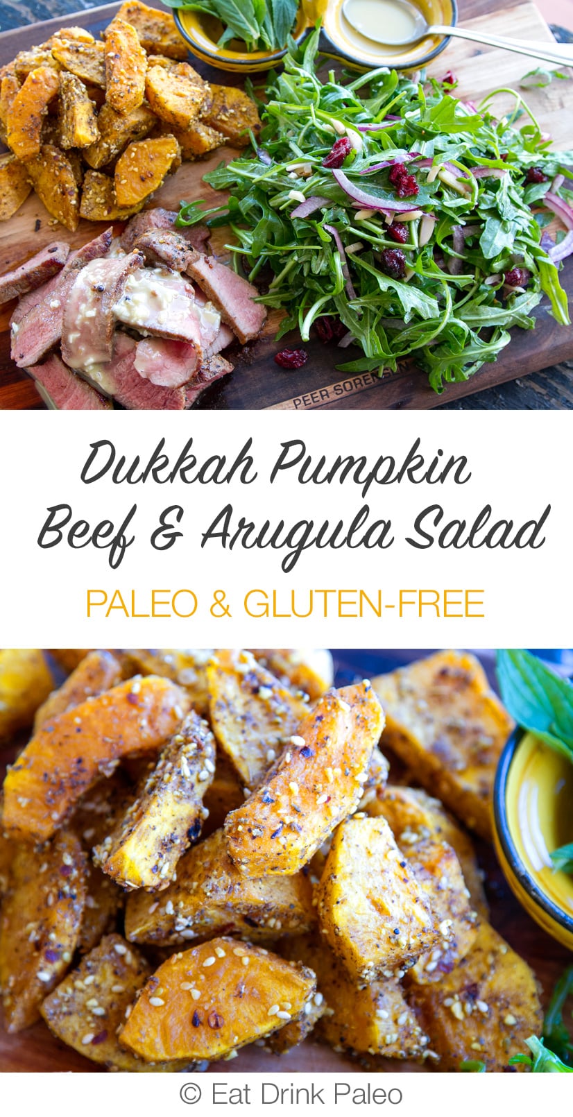 Dukka Crusted Pumpkin & Beef Salad with Rocket & Tahini Garlic Dressing