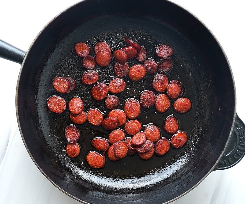 Pan fry chorizo for Spanish rice