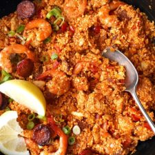 Spanish cauliflower rice with chorizo, chicken and shrimp