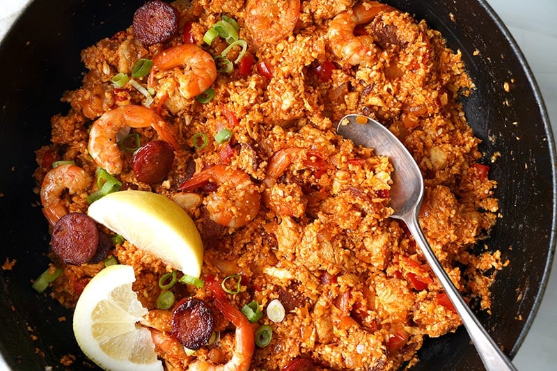 Spanish cauliflower rice with chorizo, chicken and shrimp