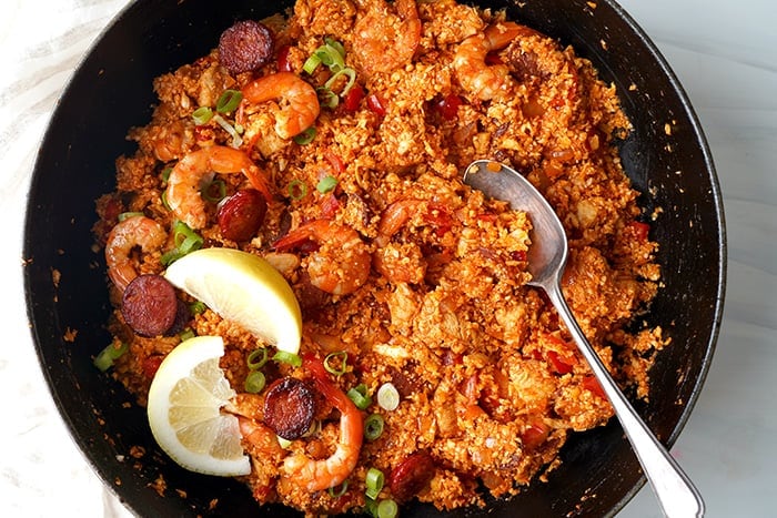 Spanish cauliflower rice with chorizo, chicken and shrimp