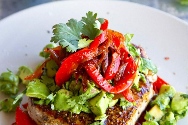 Spiced Mexican Tuna Steak With Avocado Salsa & Red Peppers