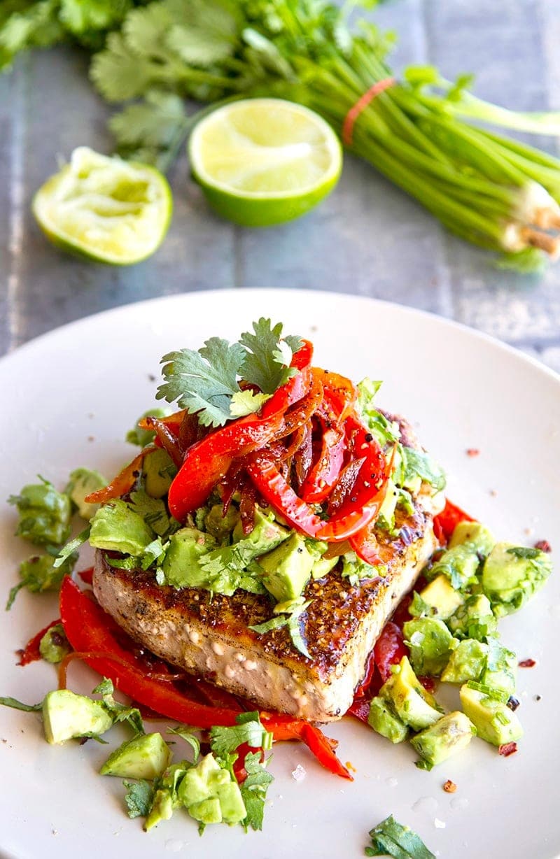 Mexican Tuna Steaks With Warm Peppers & Avocado Salsa (Paleo, Gluten-free, Low-Carb) | #tuna #mexican #fish #paleo #whole30 #recipes #tunarecipes #avocado