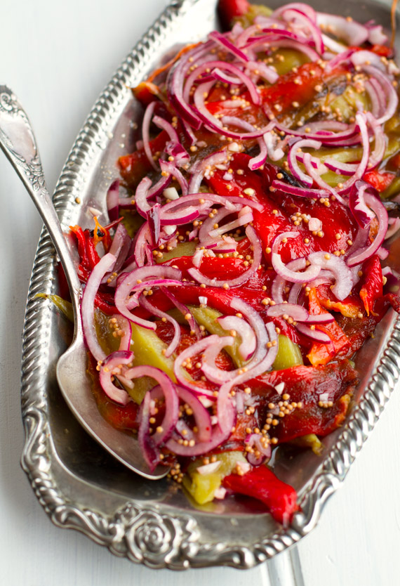 Roasted peppers with pickled onions