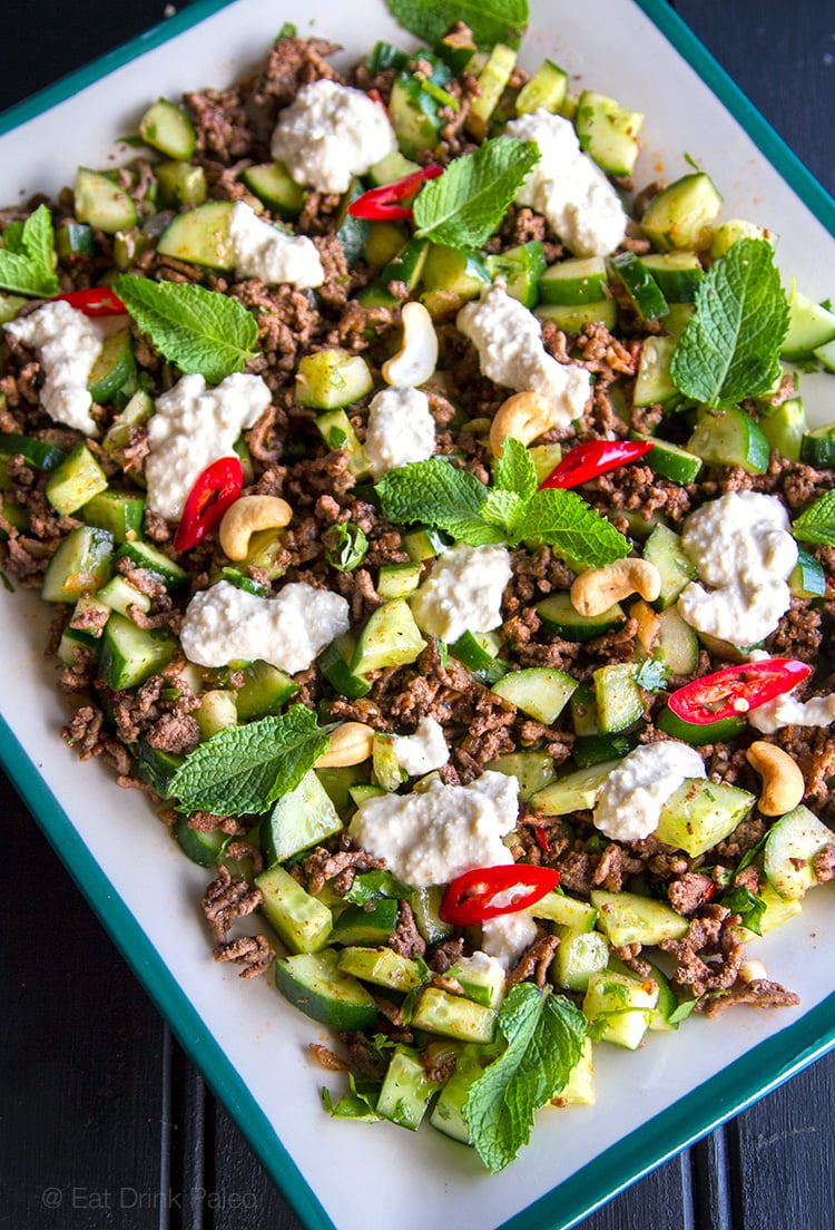 Spicy Beef & Cucumber Salad With Mint & Cashew Raita