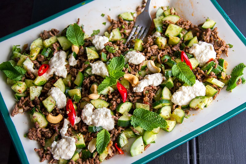 Spicy Beef Salad With Cucumber, Mint & Cashew Raita