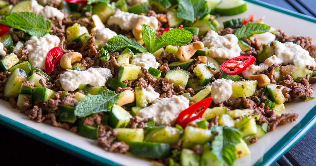 Spiced Ground Beef Salad With Cashew Raita