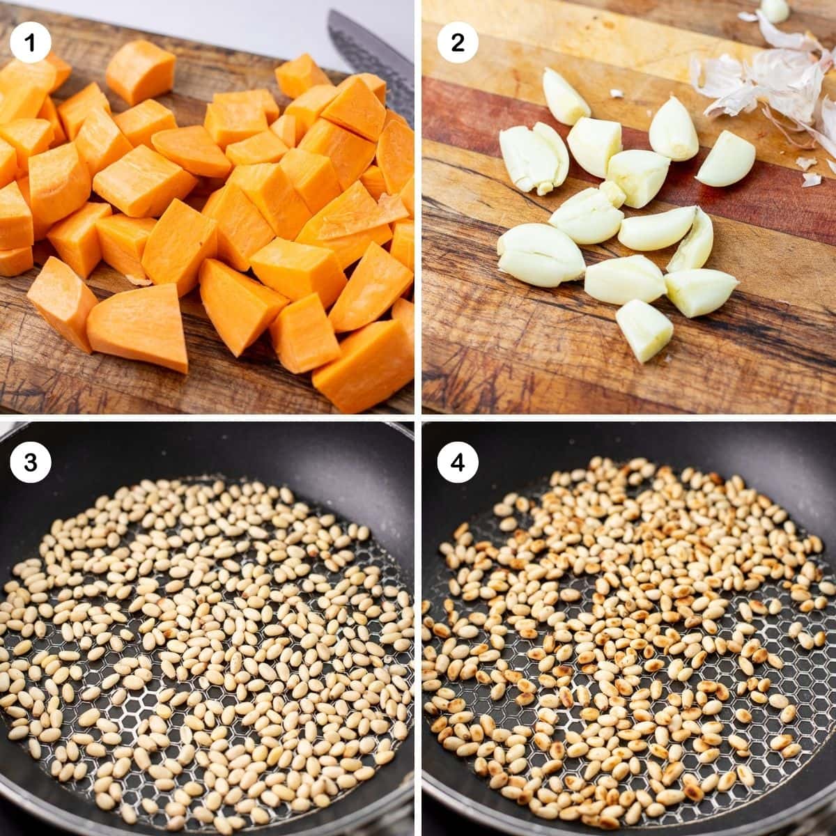 prepare sweet potatoes, garlic and toast the pine nuts