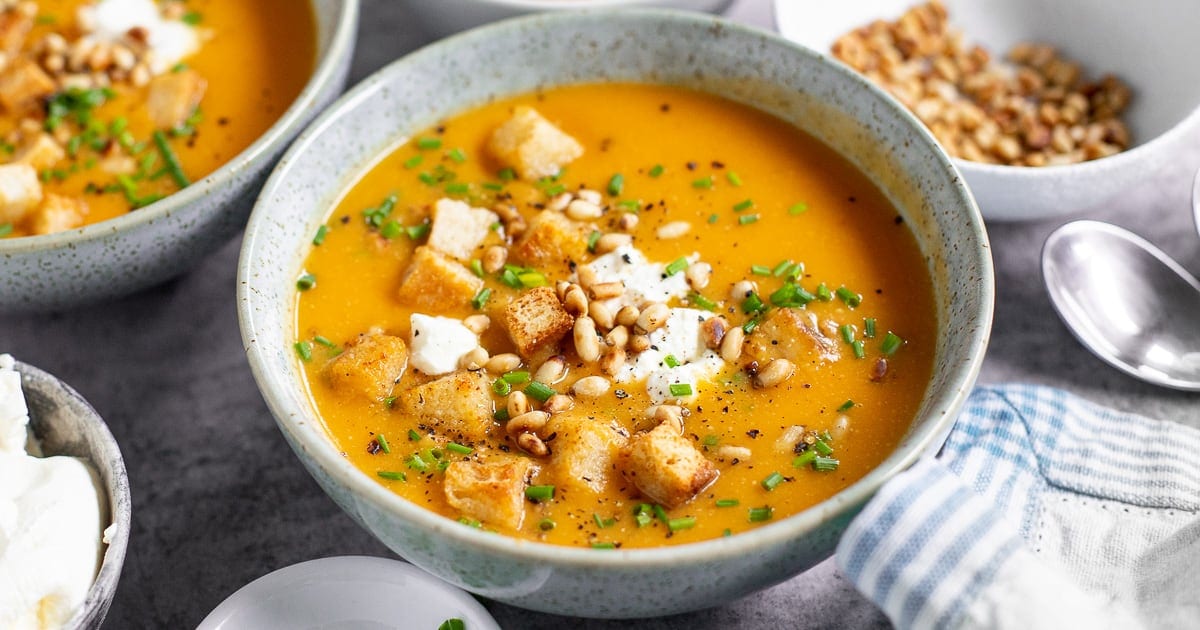 Sweet Potato Soup With Garlic & Pine Nuts