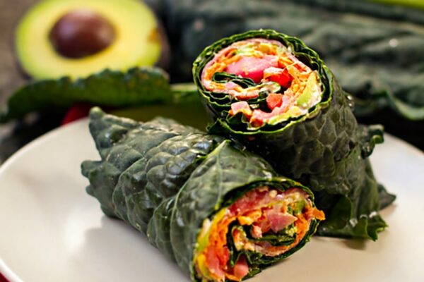 Rainbow rolls with kale leaves or collard greens