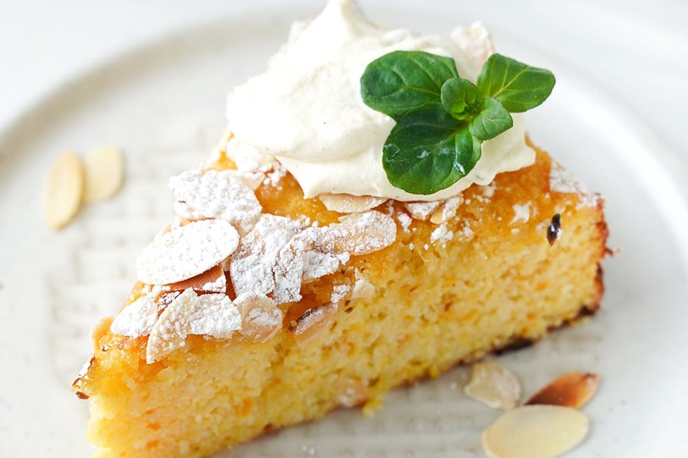 Orange cake with basil cream on top