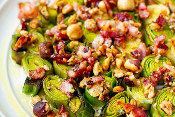 Roasted Leeks With Bacon & Hazelnut Dressing