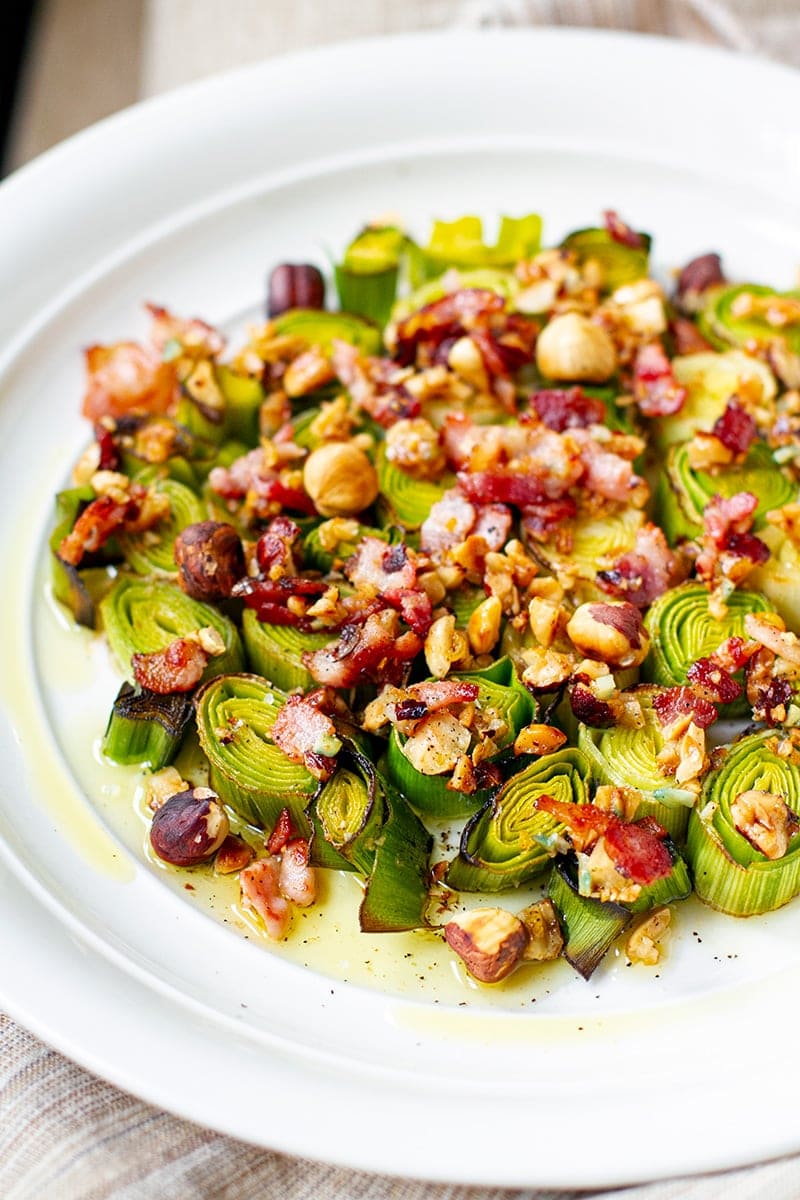 Roasted Leeks With Bacon & Hazelnut Dressing