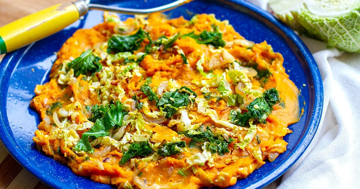 Sweet Potato Mash With Garlic, Cabbage & Kale (Paleo, Whole30)