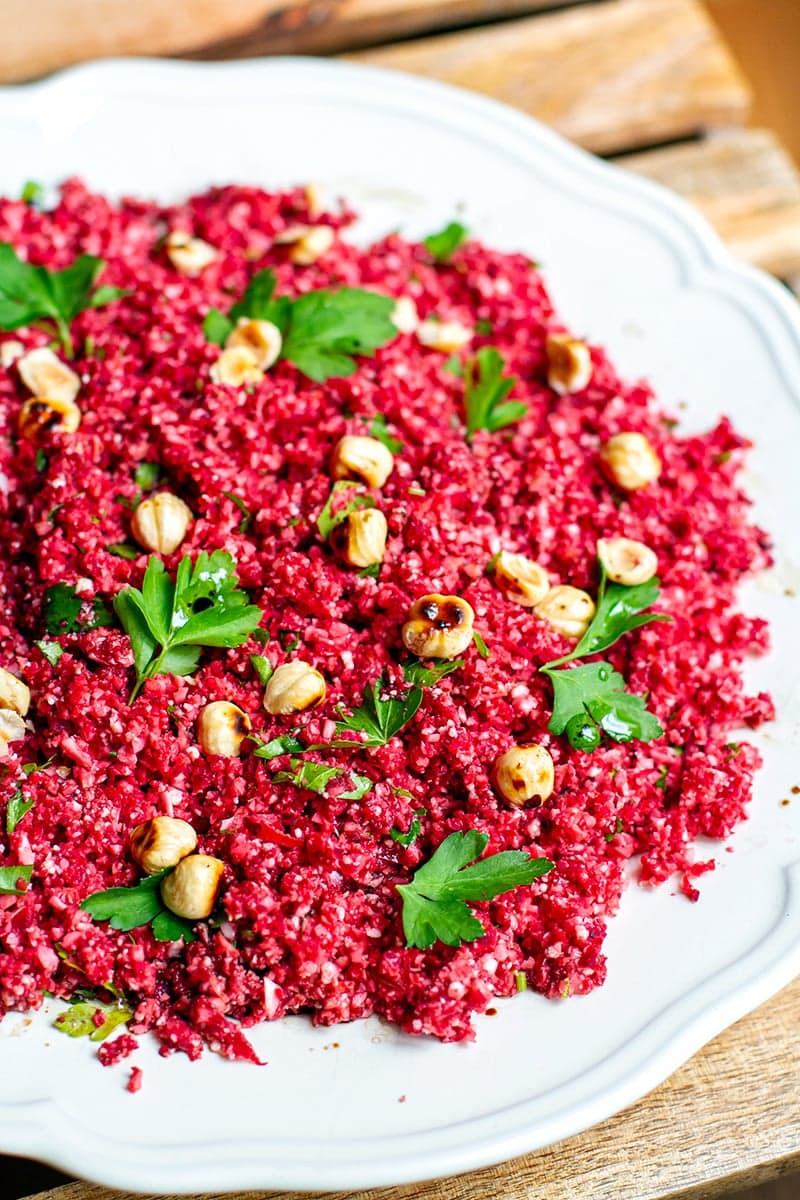 Cauliflower couscous with beets & hazelnuts (low-carb, grain-free, paleo, vegan, Whole30) 