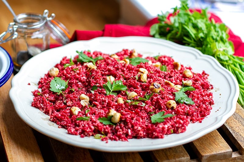 Cauliflower couscous with beets & hazelnuts (low-carb, grain-free, paleo, vegan, Whole30)