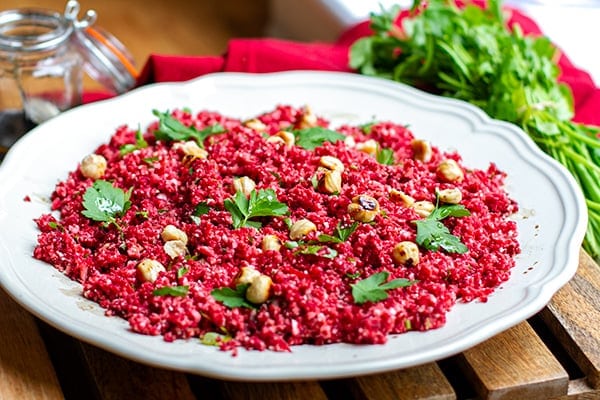 Cauliflower couscous with beets & hazelnuts (low-carb, grain-free, paleo, vegan, Whole30)