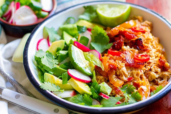 Mexican Scrambled Eggs with Avocado & Radish Salad Recipe