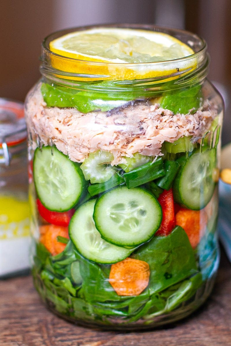 Mason Salad Jar With Canned Salmon Cucumber & Creamy Dressing