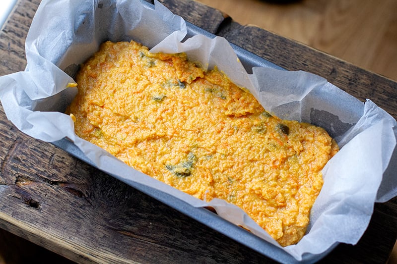 How to make paleo bread with coconut flour - Batter in a loaf tin