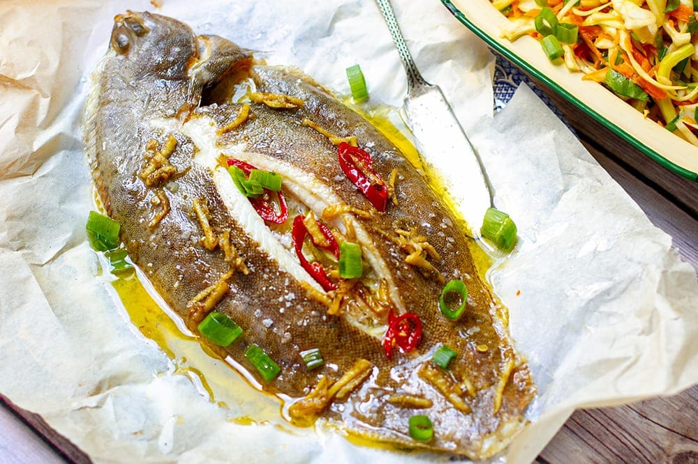 Baked Whole Lemon Sole With Ginger Chilli Sauce