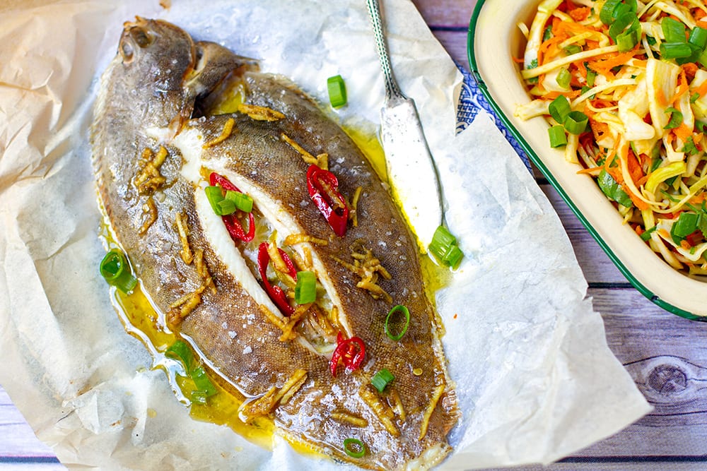 Lemon Sole recipe with ginger chili butter sauce on top