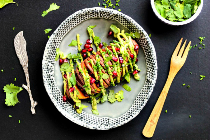Baked Hassleback Sweet Potatoes with Avocado Aioli - Blissful Basil