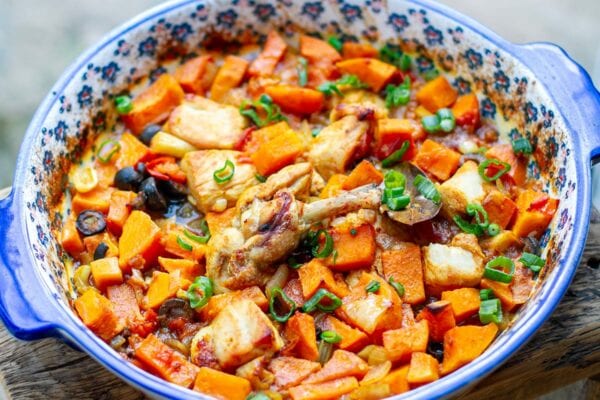 chicken and sweet potato bake with olives and preserved lemon
