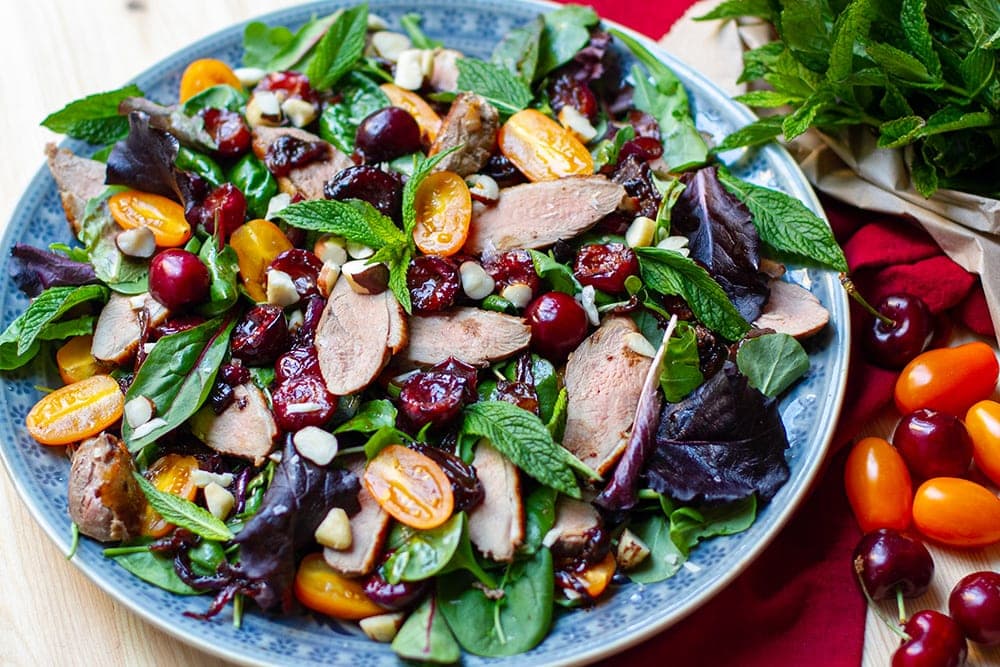 Warm Duck salad With cherries