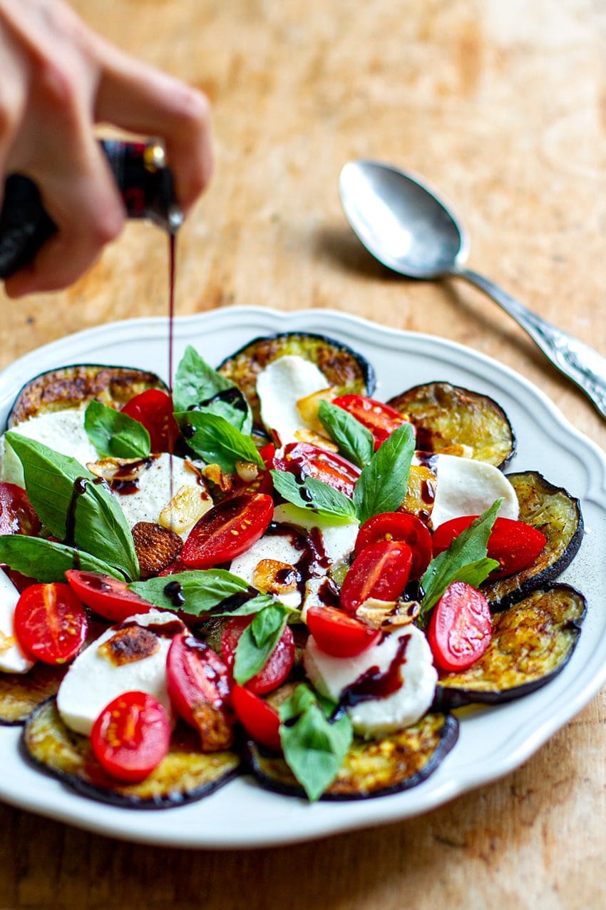 Eggplant Caprese Salad With Balsamic & Crispy Salad