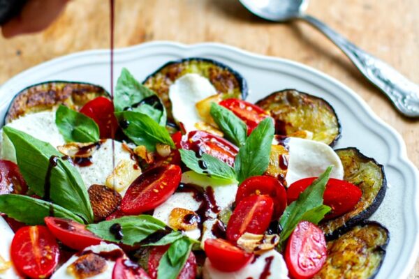 Caprese Salad With Fried Eggplant, Tomatoes & Mozzarella
