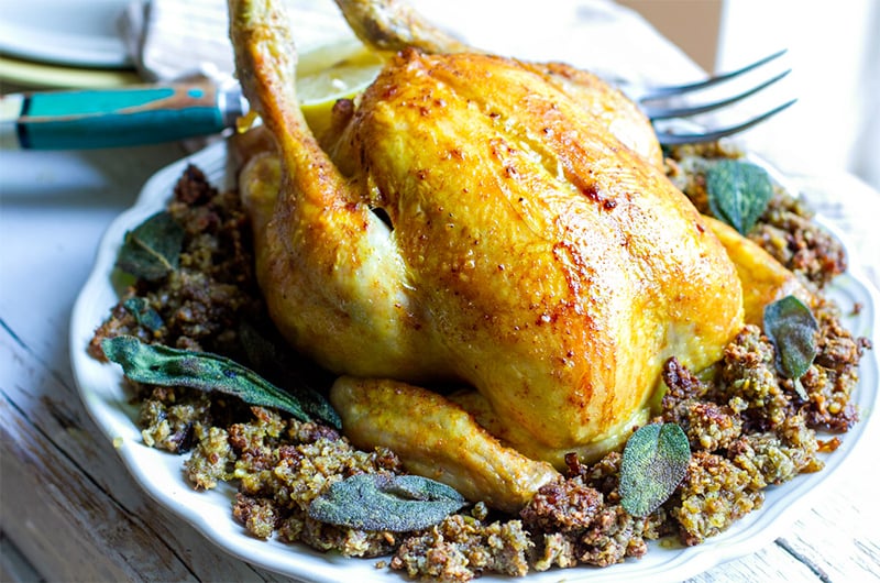 Thanksgiving roast chicken with inside out stuffing 