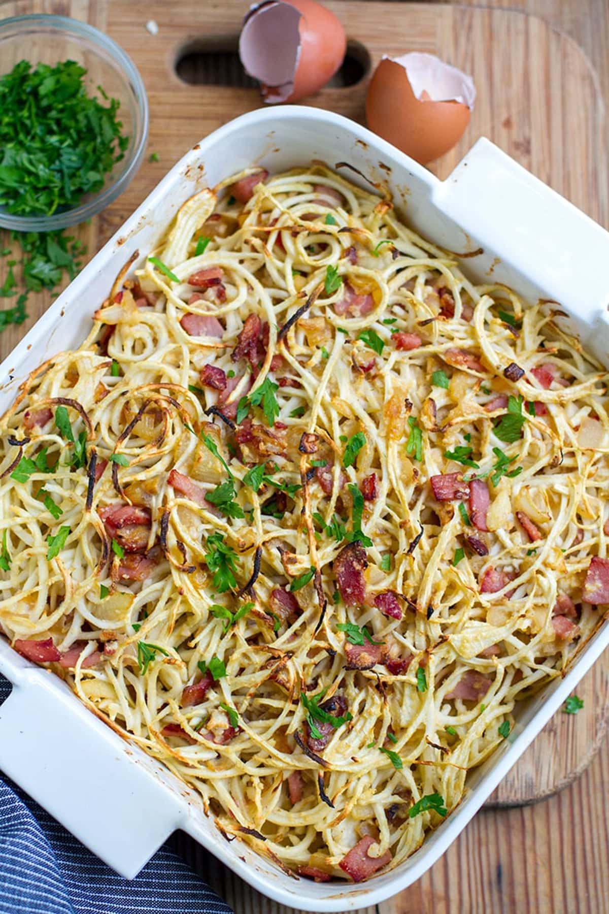 Spiralized Celeriac Carbonara Casserole