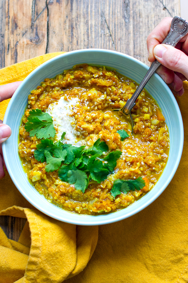 Pumpkin dahl with cauliflower rice.