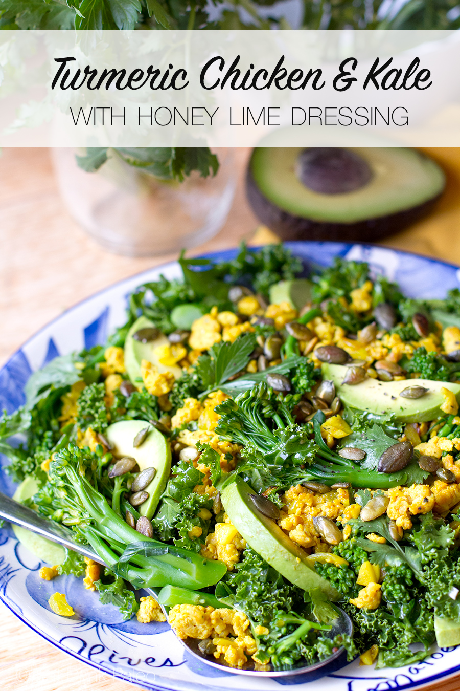 Turmeric Chicken & Kale Salad with Honey Lime Dressing - Paleo, Gluten Free, Low Carb, Whole30 and Clean Eating Friendly.