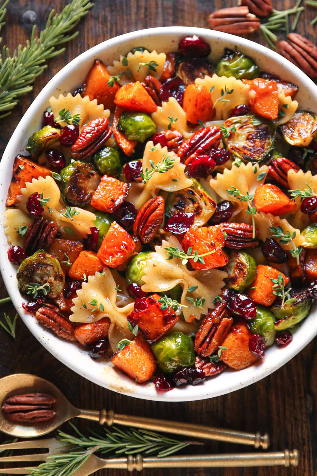 Butternut Squash Pasta Salad with Brussels Sprouts, Pecans, and Cranberries