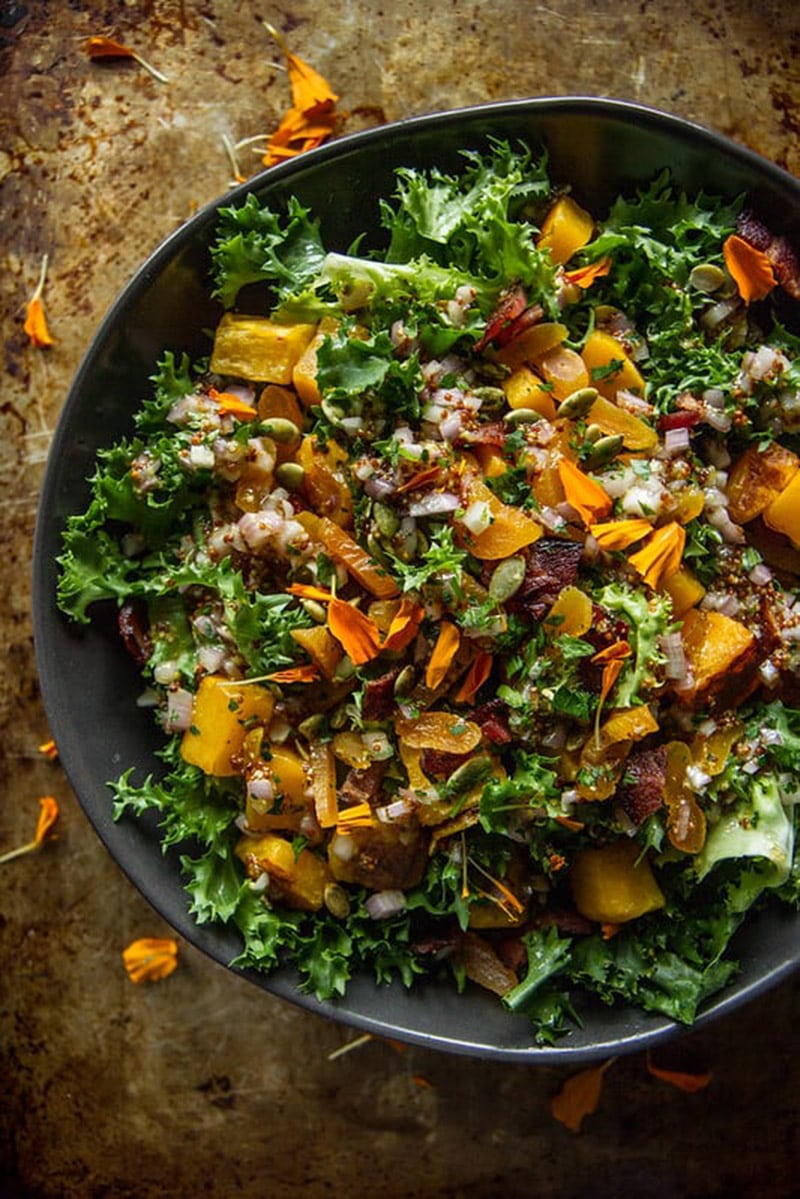 Escarole, Bacon and Roasted Butternut Squash Salad with Dried Apricots and Pepitas