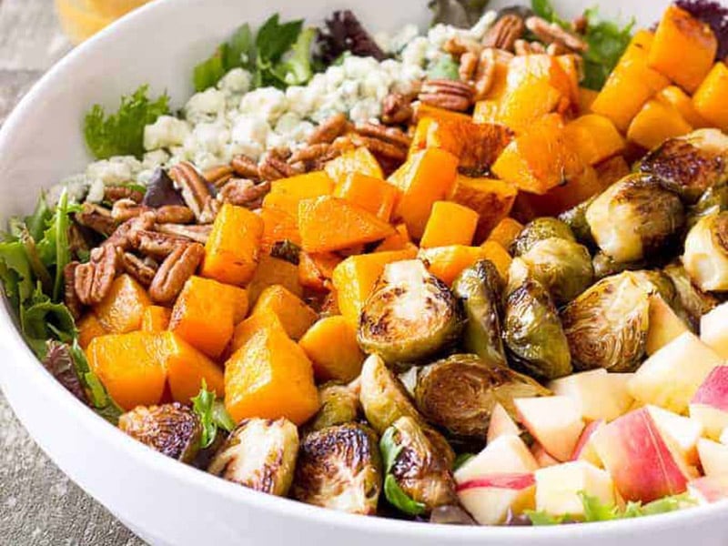 Roasted Butternut Squash & Brussels Sprouts Harvest Salad with Maple Cider Vinaigrette