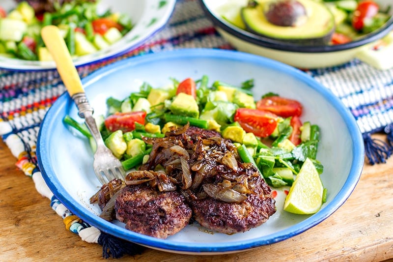 Paleo Beef Burgers With Jerk Onions & Avocado Salad