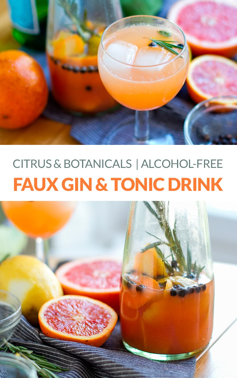 Non alcoholic gin and tonic drink with citrus and botanicals infusion