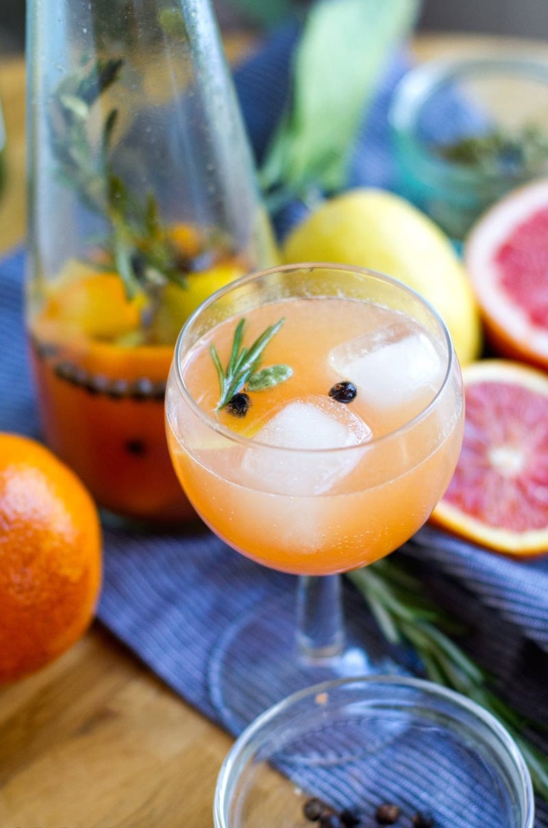 Non alcoholic gin and tonic drink with citrus and botanicals infusion
